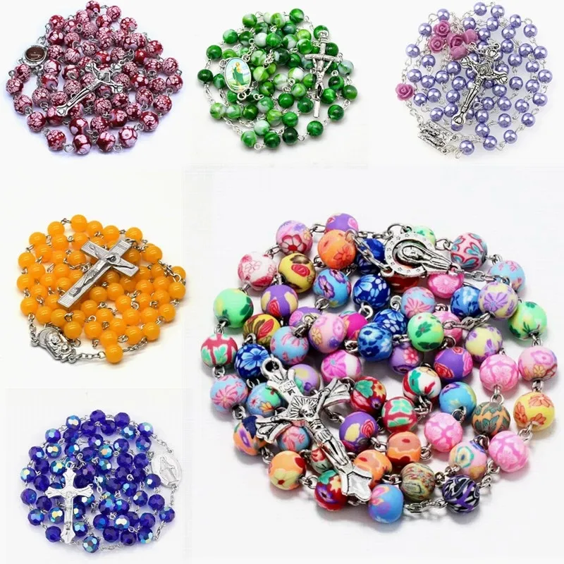 Coloré jésus croix chapelet long Imitation colliers de perles perlé élégant chrétien unisexe Mala priant bijoux