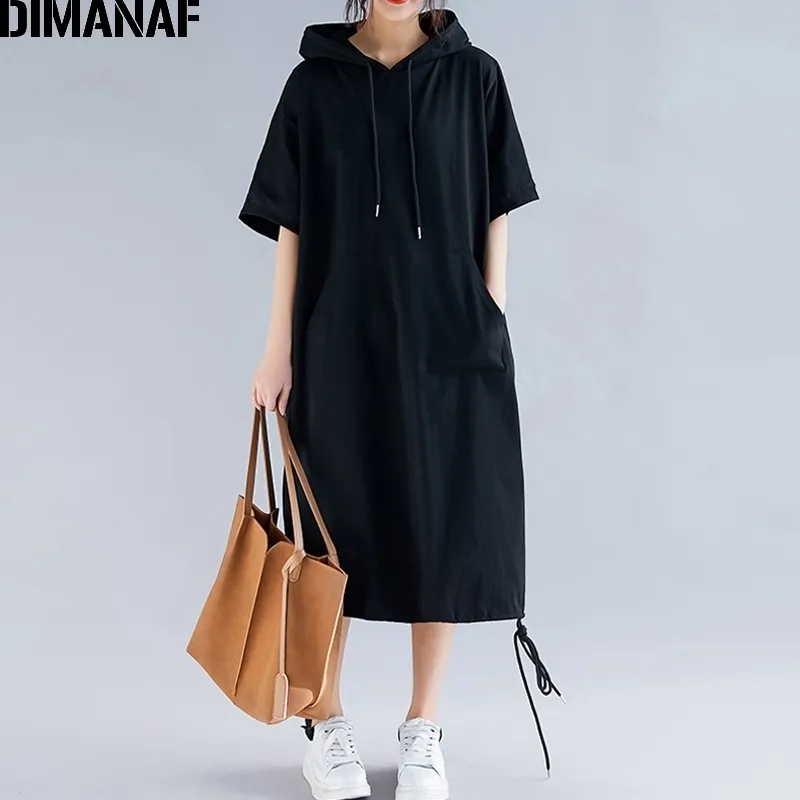 DIMANAF grande taille femmes robe été coton à capuche dame Vestidos femme vêtements décontracté ample grande taille longue robe solide 5XL 6XL 210325