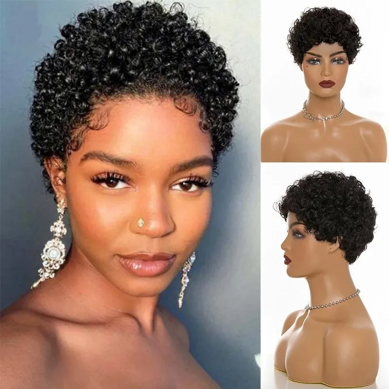 Klipp pixie peruker kort människohår med lugg kinky lockigt perruque cheveux blandad humain brasiliansk peruk för svarta kvinnor