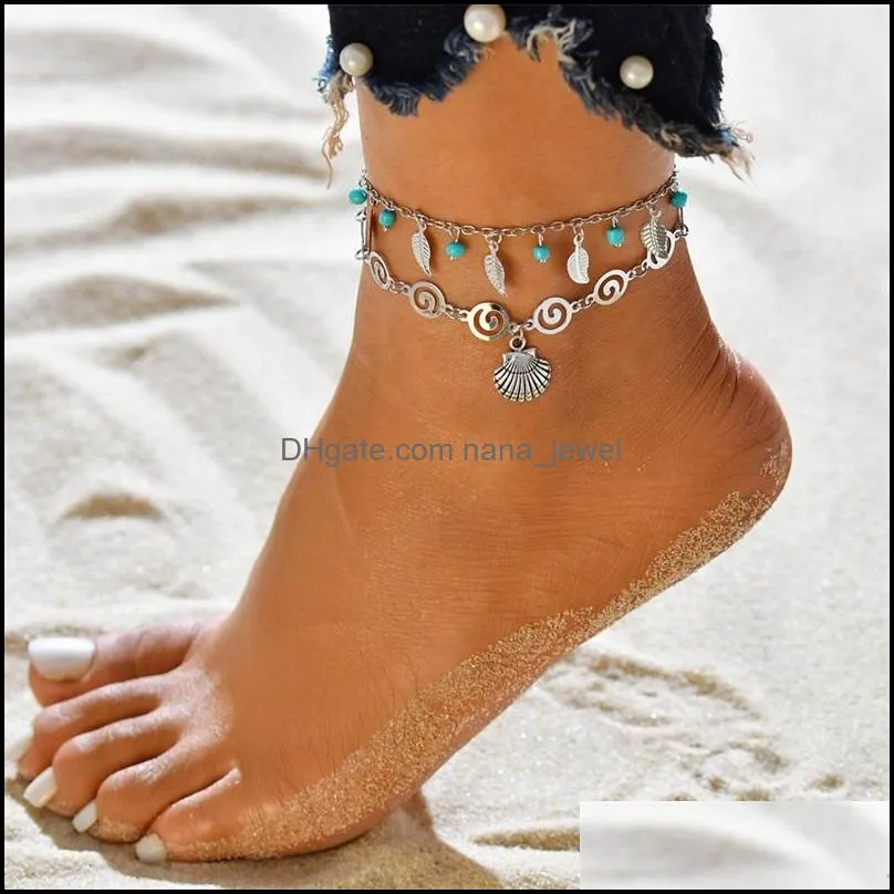 Leaf weave multilayer anklet chains Shell Elephant mermaid anklets foot bracelet summer Beach women fashion jewelry 817 Z2