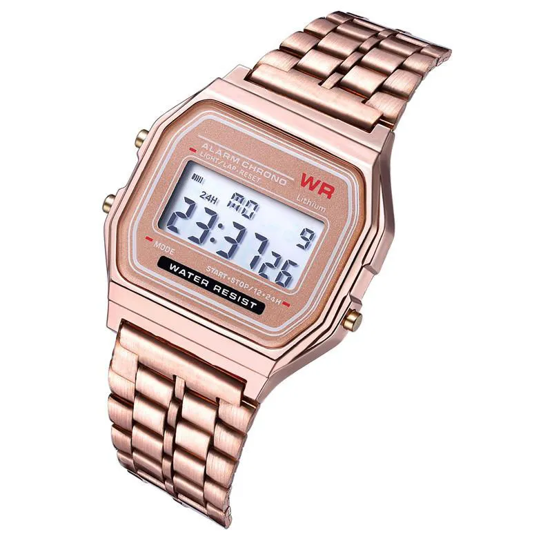 Sporty detaliczne Zegarek LED Fashion Gold Cyfrowy Zegarek Stalowy Pas Thin Electronic Wristwatch Bransoletki Zegarek Biznesowy