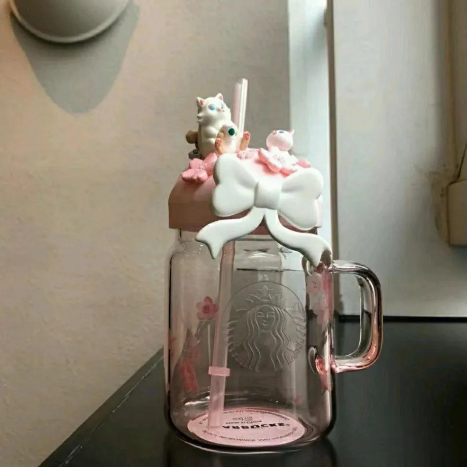 Starbucks Cup Pink Sakura Cute Cat Glass Straw Liminted Edition