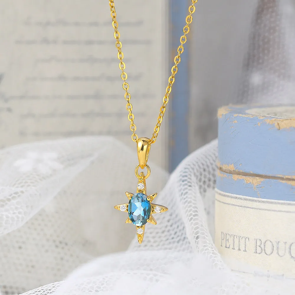 Lamoon estrella colgante collar para mujeres 925 plata natural azul topaz 14k collar de joyería fina chapado en oro coreano LMNI114 210319