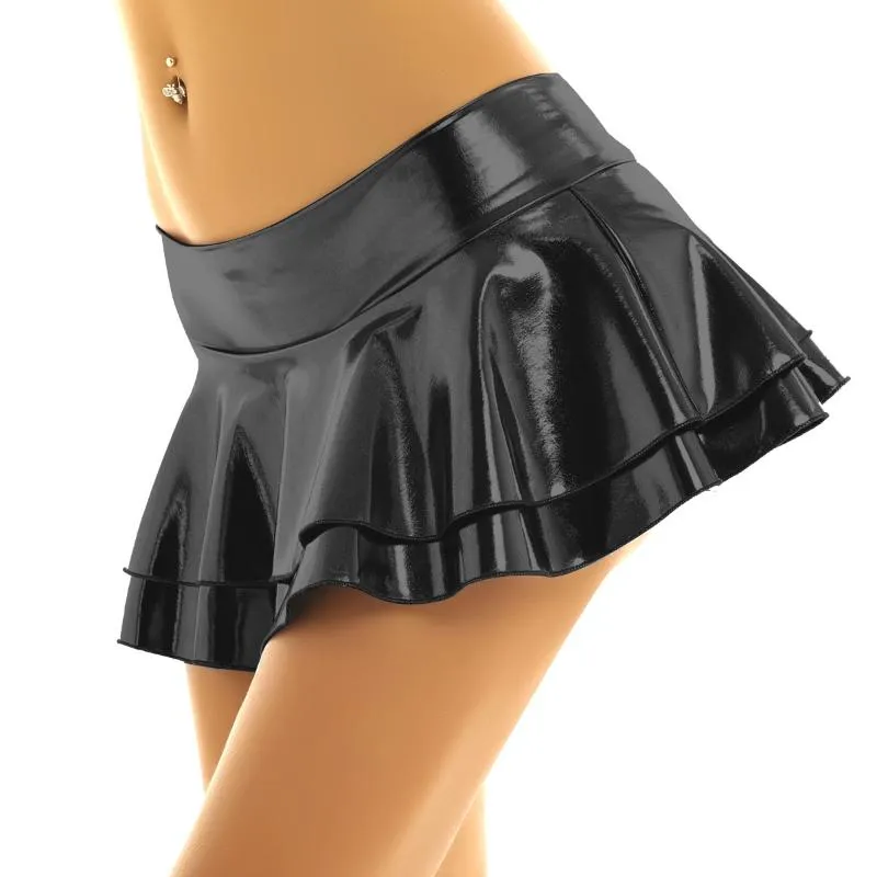 Skirts Women Shiny Metallic PU Leather Low Rise Double Layered Ruffled Super Mini Skirt For Pole Dance Rave Fancy Erotic Costumes