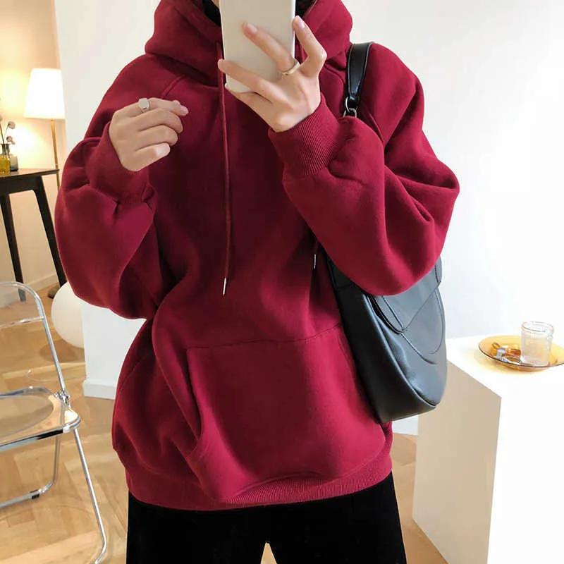 HXJP 여성용 플러시 Hoodie 봄 가을 한국 패션 긴 소매 솔리드 풀오버 느슨한 두꺼운 스웨터 여성 210607