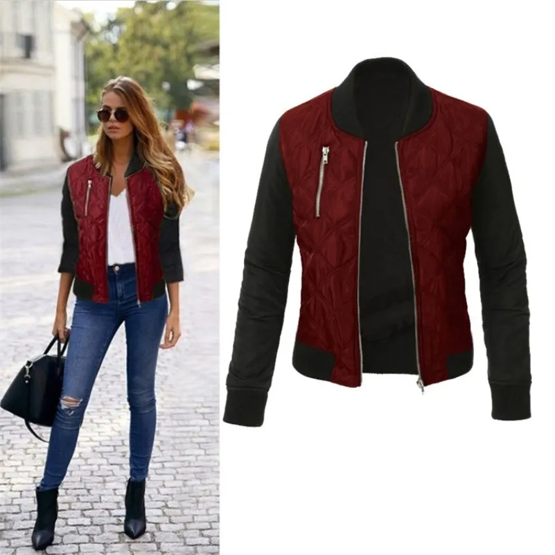 Automne Hiver Loisirs Mode Solide Femmes Veste O-Cou Fermeture À Glissière Couture Matelassé Bomber Veste Femmes Manteaux 210518