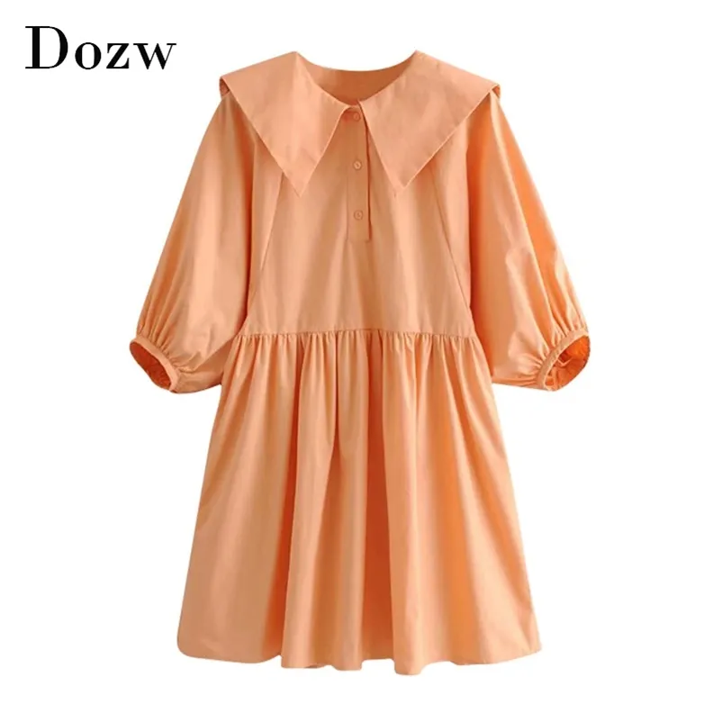 Casual Women Solid Mini Dress Lantern Sleeve Loose Pleated Sommar Snow Down Collar Button Basic Cotton Ropa Mujer 210515