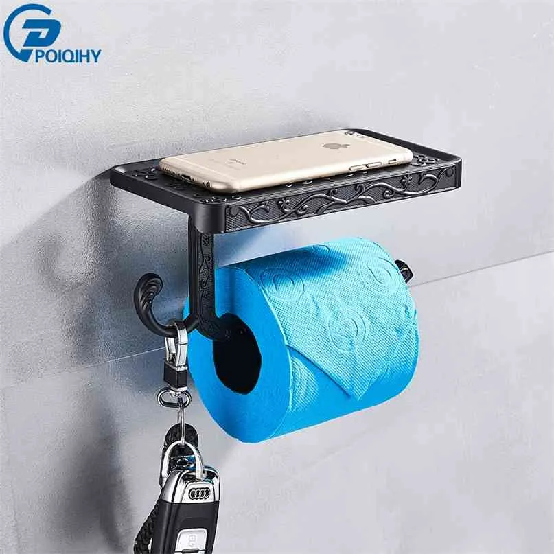 Poiqihy badkamer hardware set zwart papier mobiele telefoon houder zinklegering antieke rol met plank muur mount toilet 210720