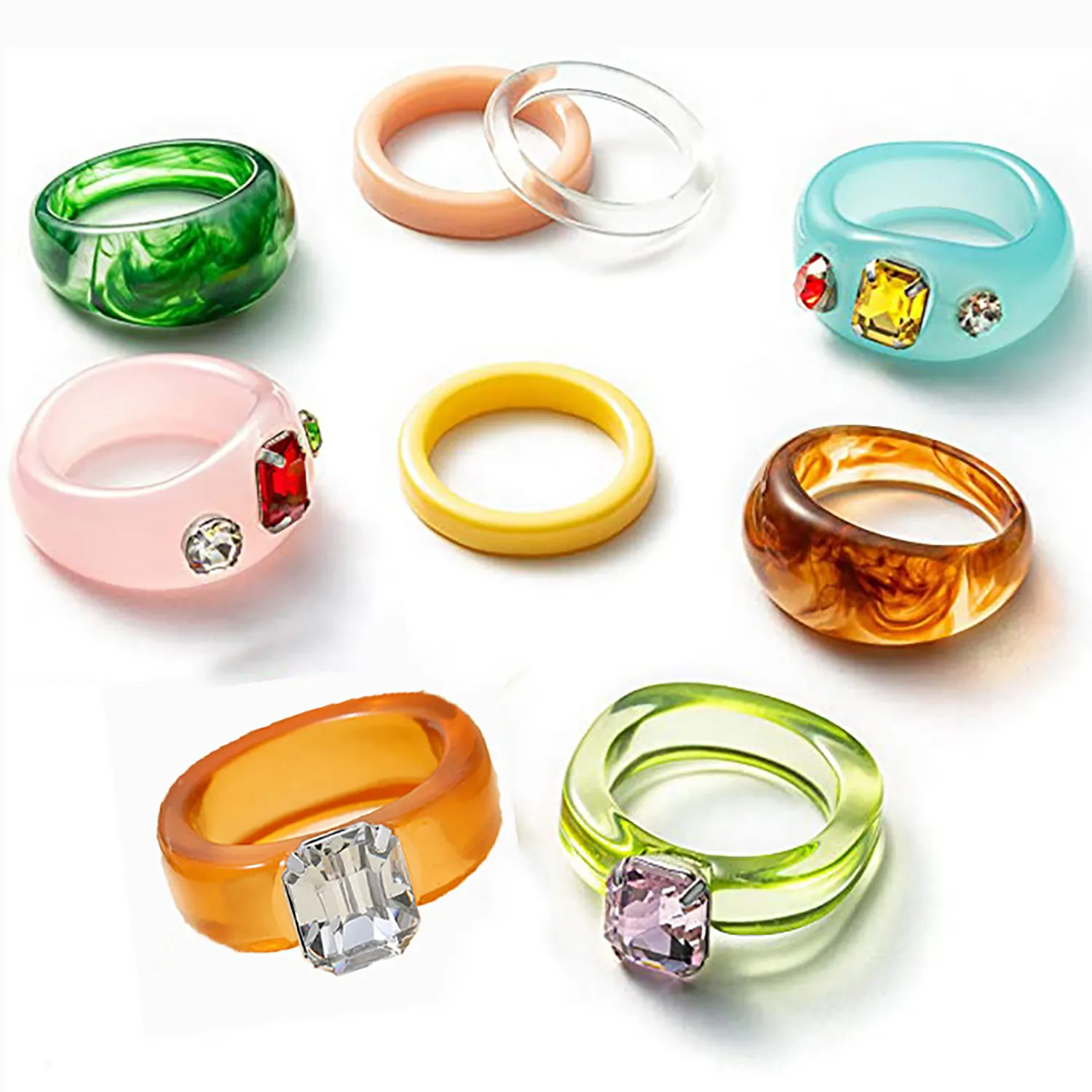 Retro Colorful Resin Rings Unique Square Rhinestone Acrylic Fashion Jewelry