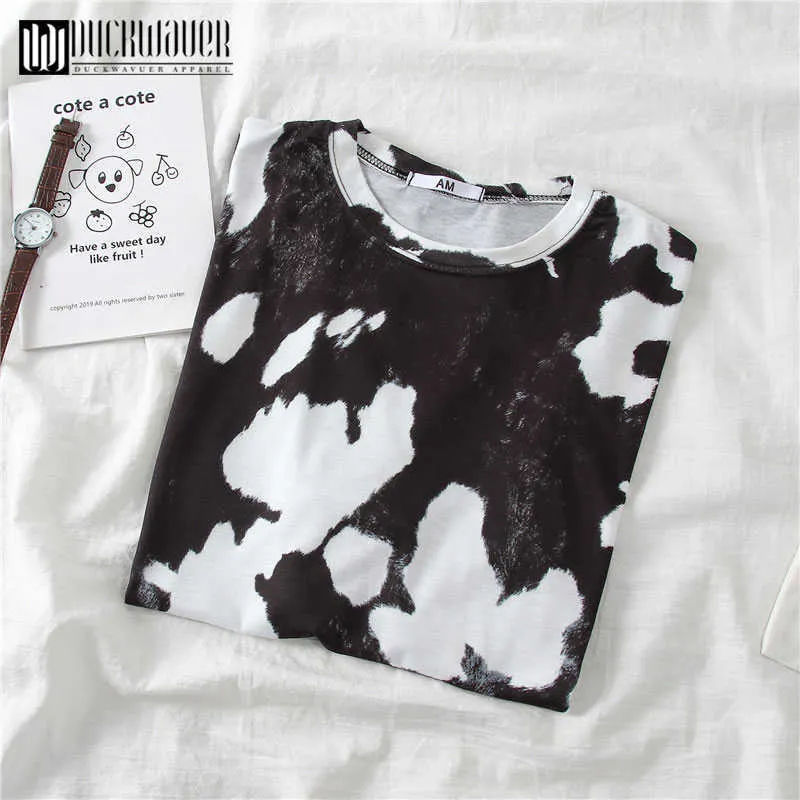 DuckWaver Lato Krowa Drukowane Kobiety Oversize Tshirt White and Black Oddychający Soft Female Basic Luźne Tshirt Kobiety Tee Topy X0628