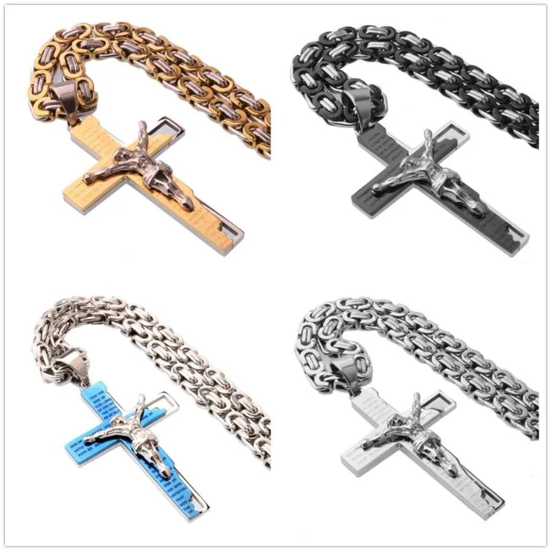 Hip-Hop 316L Edelstahl Kreuz Jesus Kruzifix Herren Jungen Anhänger Halskette Byzantinische Kette 18-40 Zoll Hochwertige Ketten