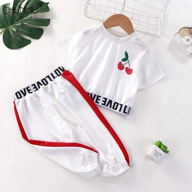Bebek Kız Giysileri Seti Çocuk Rahat Sportwear Yaz Toddler Çocuk Doğum Günü Hediyeleri Kiraz O-Boyun Üst + Pantolon 2 Parça 210508