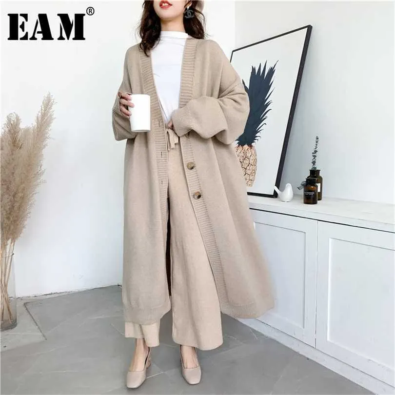 [EAM]グレーの大きなサイズロングニットカーディガンセータールーズフィットVネックスリーブ女性ファッション秋冬204 211018
