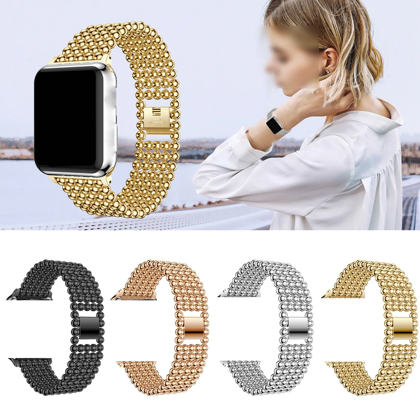 Fem pärlor metallband för Apple Watch 38mm 40mm 42mm 44mm Fashion Round Bead Armband Armbands Iwatch Series SE 6 5 4 3 Klockband Smart Tillbehör