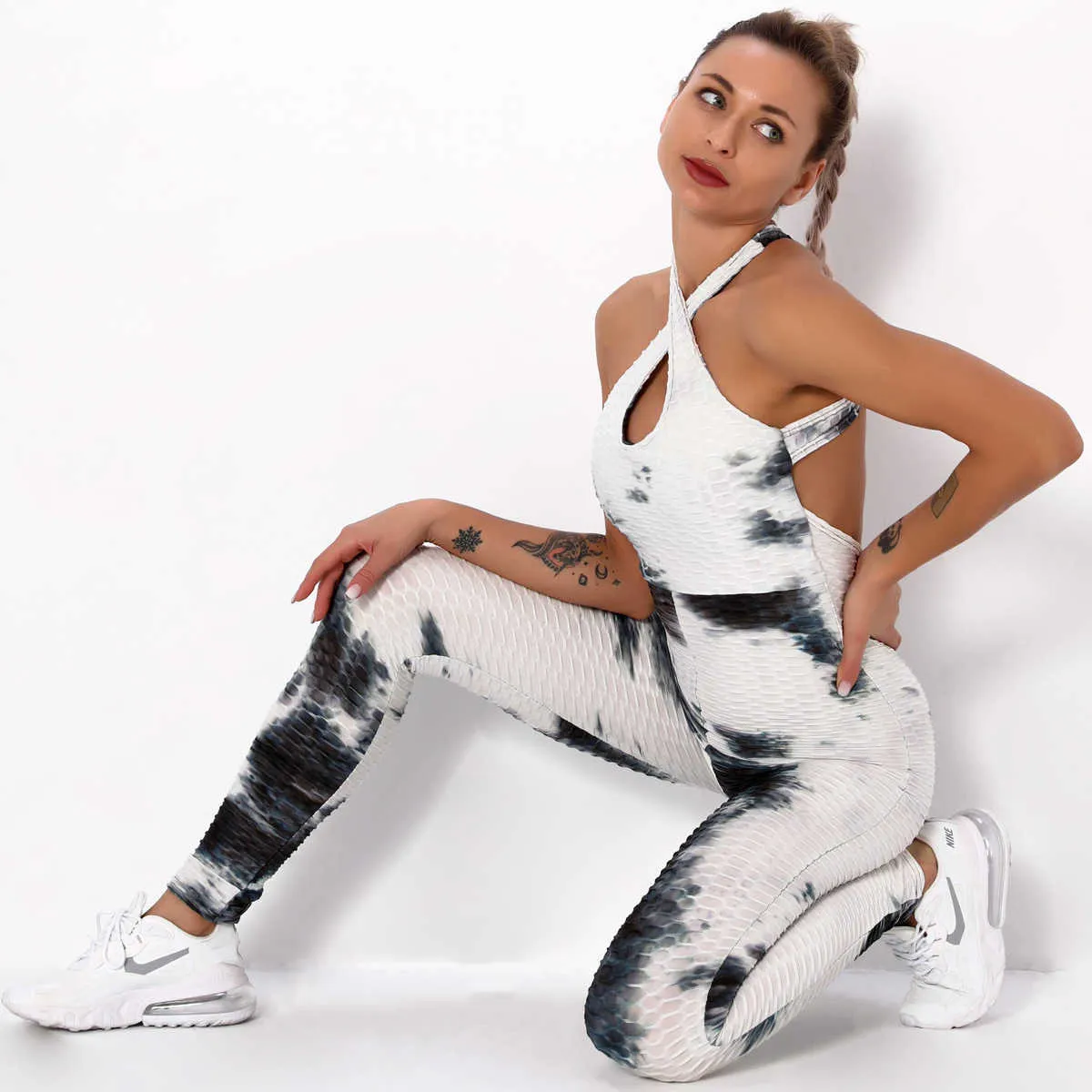 Kobiety Sporty Joga Zestaw Wysokiej Talii Hips Spodnie Halter Top Bandaż Joga Kombinezon Fitntie Dye Jacquard Dressuit X0629