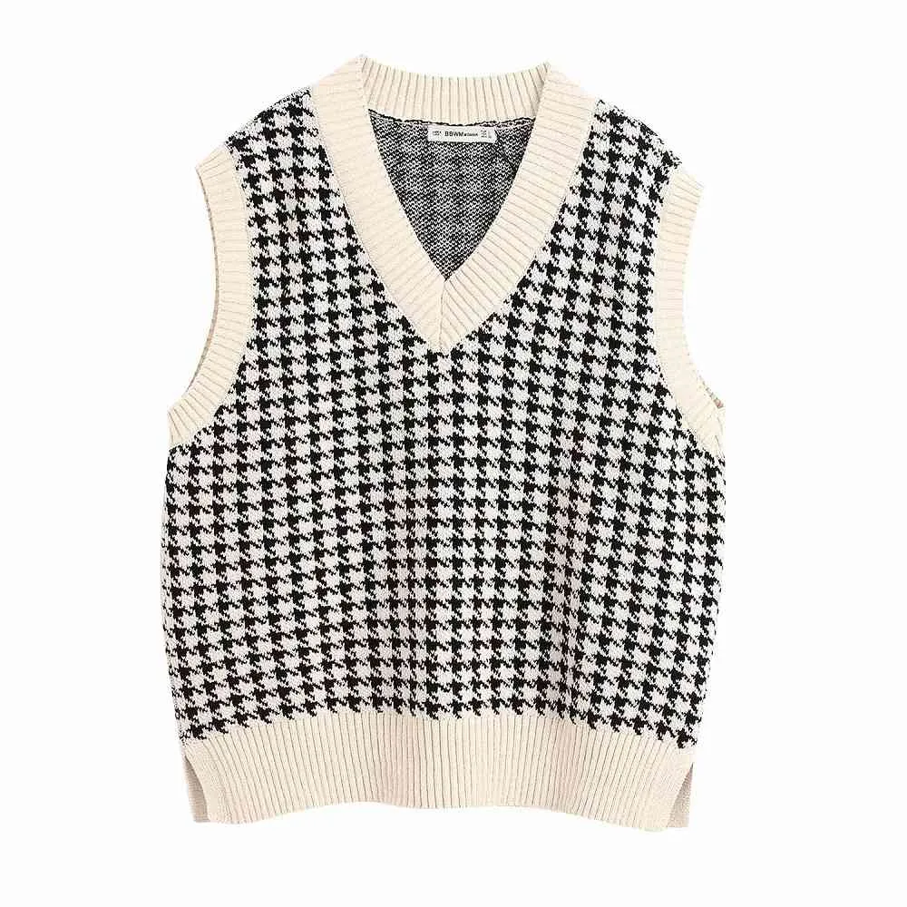 Stylish Chic Houndstooth Plaid Sleeveless Sweater Women Fashion V-Neck Pullovers Elegant Ladies Casual Jumpers 210520