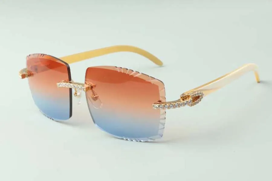 óculos de sol de diamantes sem fim de designers 3524022, lente de corte óculos de chifre de búfalo branco natural, tamanho: 58-18-140mm