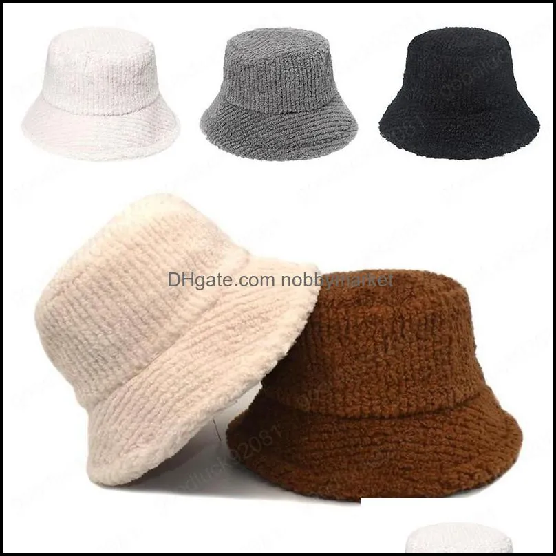 Bucket Hat Fashion Solid Winter Thick Warm Faux Fur Plush Women Wool Fleece Hats Ladies Panama Cap Fisherman Caps