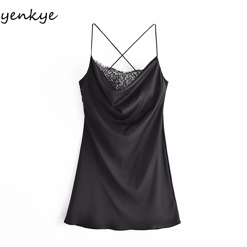 Lace Trims Satin Sexy Sling Dress Women Vintage Black Backless Summer Night Out Club Mini Vestido 210430