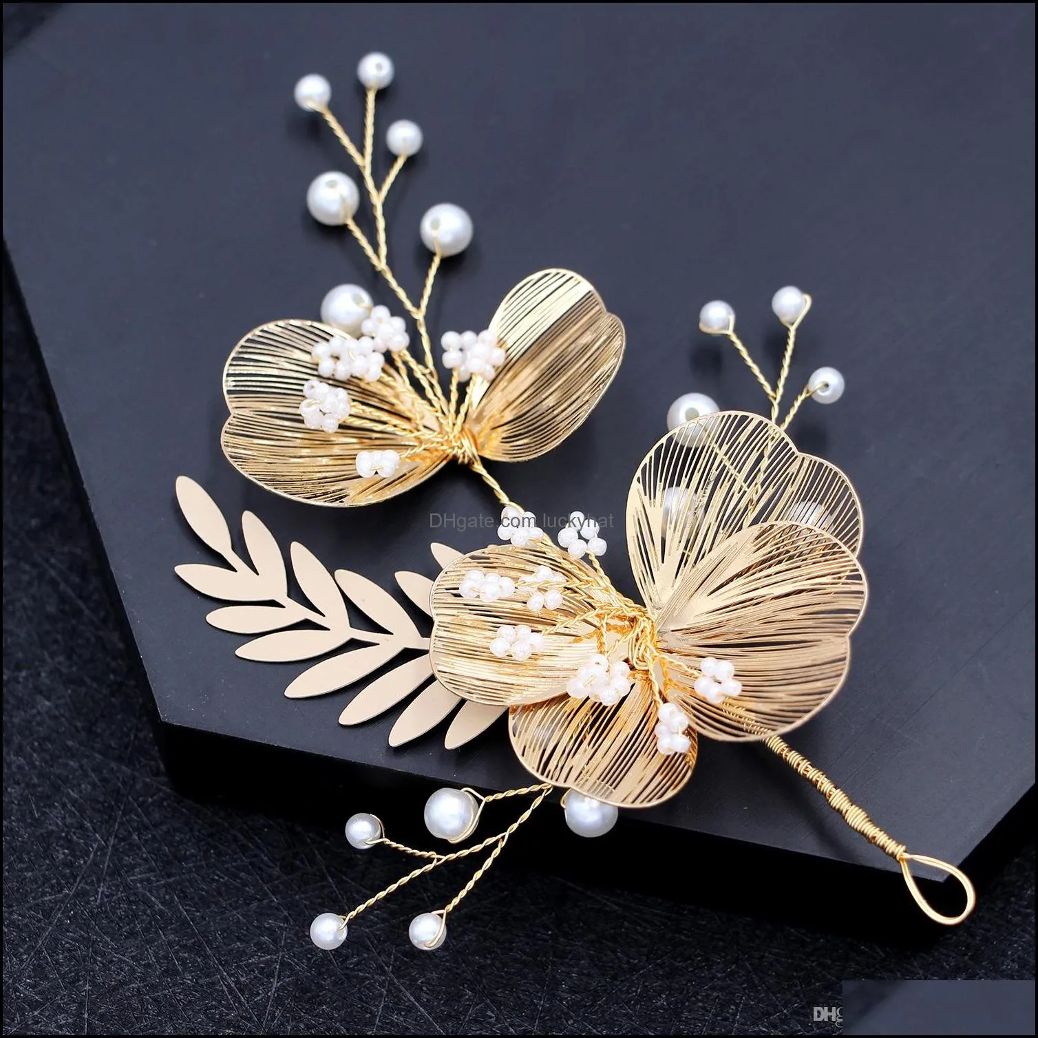 Klipsy biżuteria biżuteria ręcznie robiona złoty klip kwiatowy Barrettes ślub ślubna Donna Donna Hair Aessories Drop dostarczenie 2021