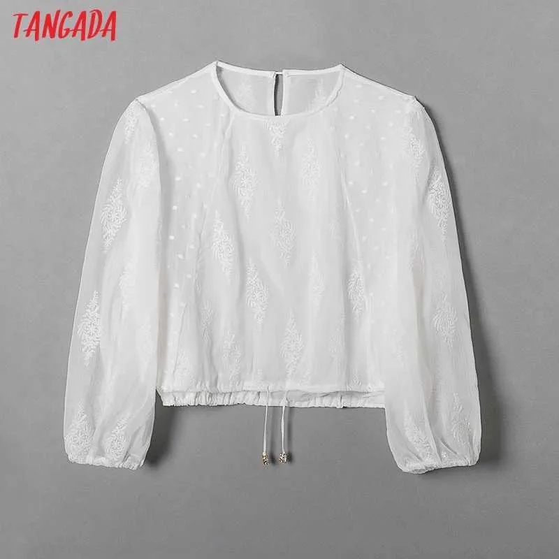 Tangada Mulheres Branco Bordado Romântico Blusa Camisa Estilo Curto Manga Longa Camisa Feminina Chic Tops 6H18 210609