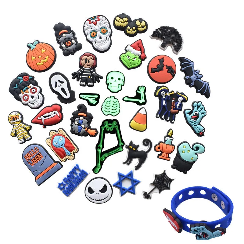 100 st / set wholwsale halloween party croc jibbbitz clog charms för sko buckle dekoration braclet del ge bort