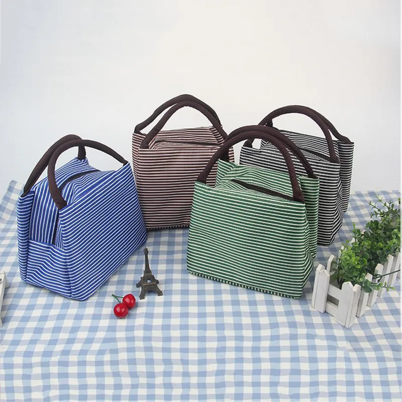 Stripe lunchisoleringspåse Oxford Cloth Multicolor Thermal Cooler Väskor Kvinnor Vattentät Handväska Frukostlåda Bärbar Picnic Travel Food Storage Tote JY0673