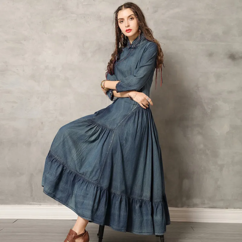 white christmas dresses Chambray Stitch & Bloom Embroidered Maxi Dress, Denim Large