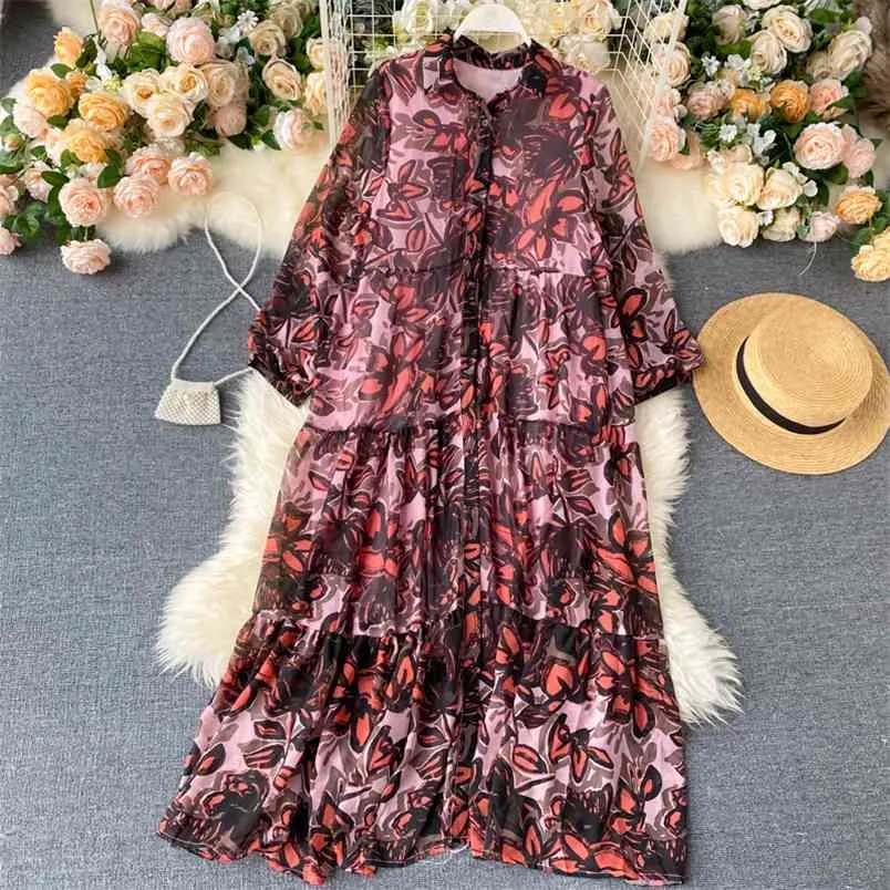 Women's Long Shirt Dress Retro Print Holiday Spring Summer Full Loose Chiffon Floral Sun Protection ML1035 210506