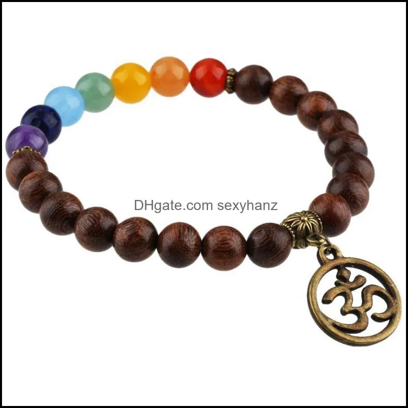 Chakra Healing Stone Bracelet,8mm Wood Beads Wirstband,Yoga Meditation Jewelry For Women Men Beaded, Strands