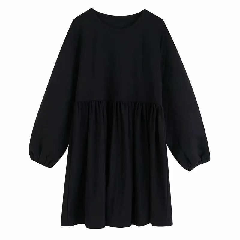 Streetwear Femmes Solid Black Puff Manches Robes Mode Dames O-Cou Robe Lâche Élégante Femme Chic Sweet Robes 210427