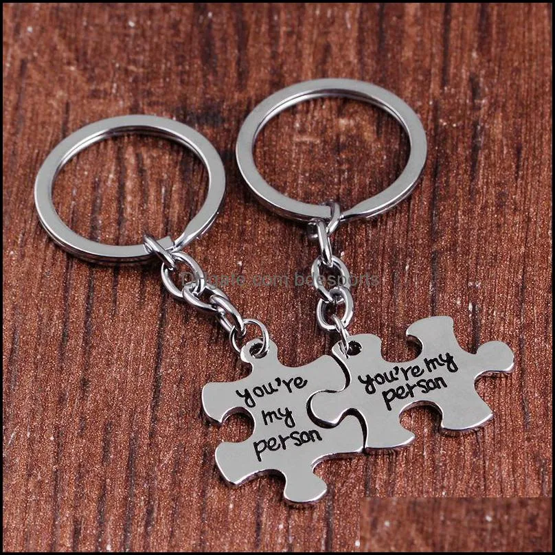 Valentines Day Keychain Cute Puzzle Pendant Stainless Steel Couple Keyring Engraved Youre My Person Cp Jewelry New Arrival