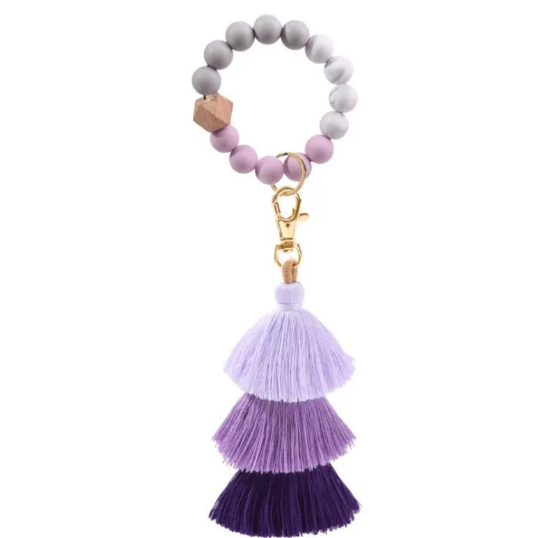 Beaded Keychain Party Favor Leather tassel wood bead key-chain Beads tring Key Ring Chain Silicone Women Wrist Strap Bracelet DD563