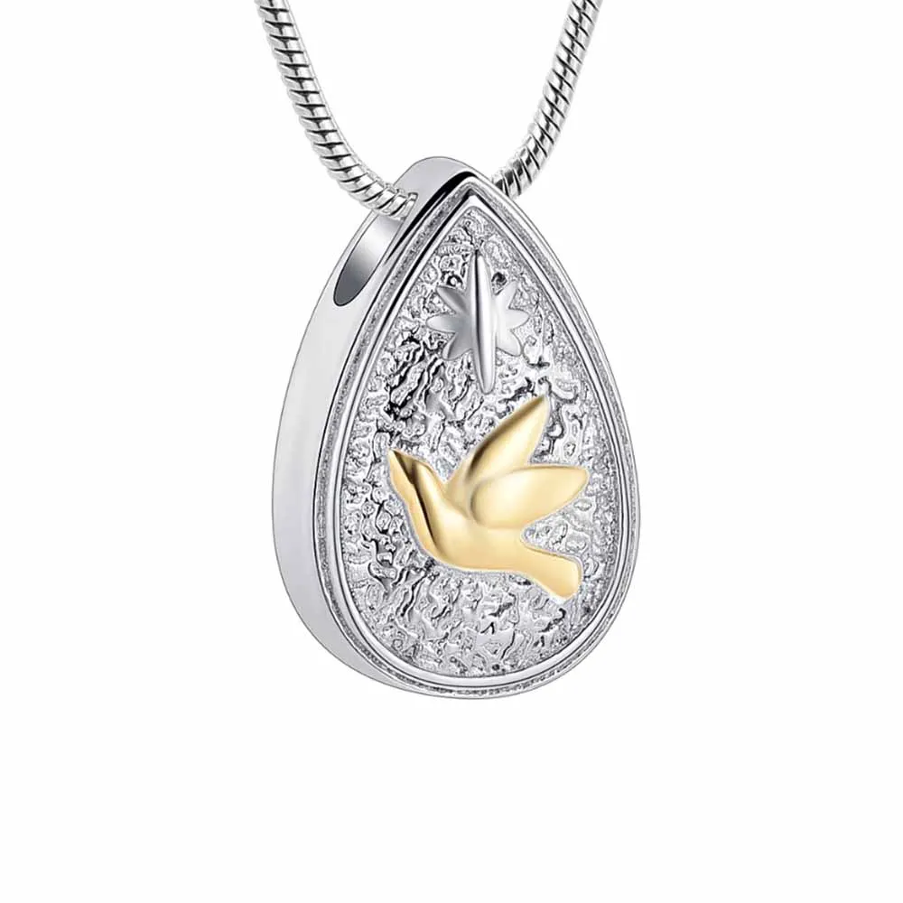 Stainless steel teardrop cremation urn pendant necklaces pet bird ashes souvenir necklace can put ashes and hair keepsake