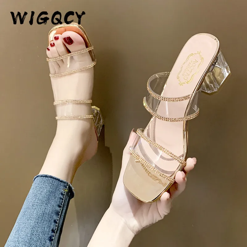 Transparante hoge hakken vrouwen slippers zomer schoenen beroemdheid dragen eenvoudige stijl pvc helder strappy bling vierkante hakken vrouw y0427