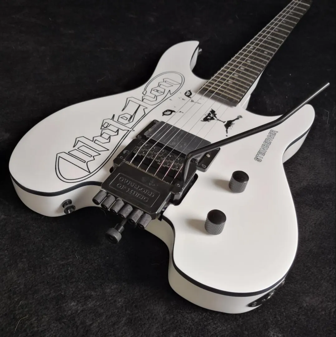 Chitarra elettrica senza testa Paint Lion White realizzata a mano Pickup EMG China, barra Whammy del ponte tremolo, rilegatura corpo nero