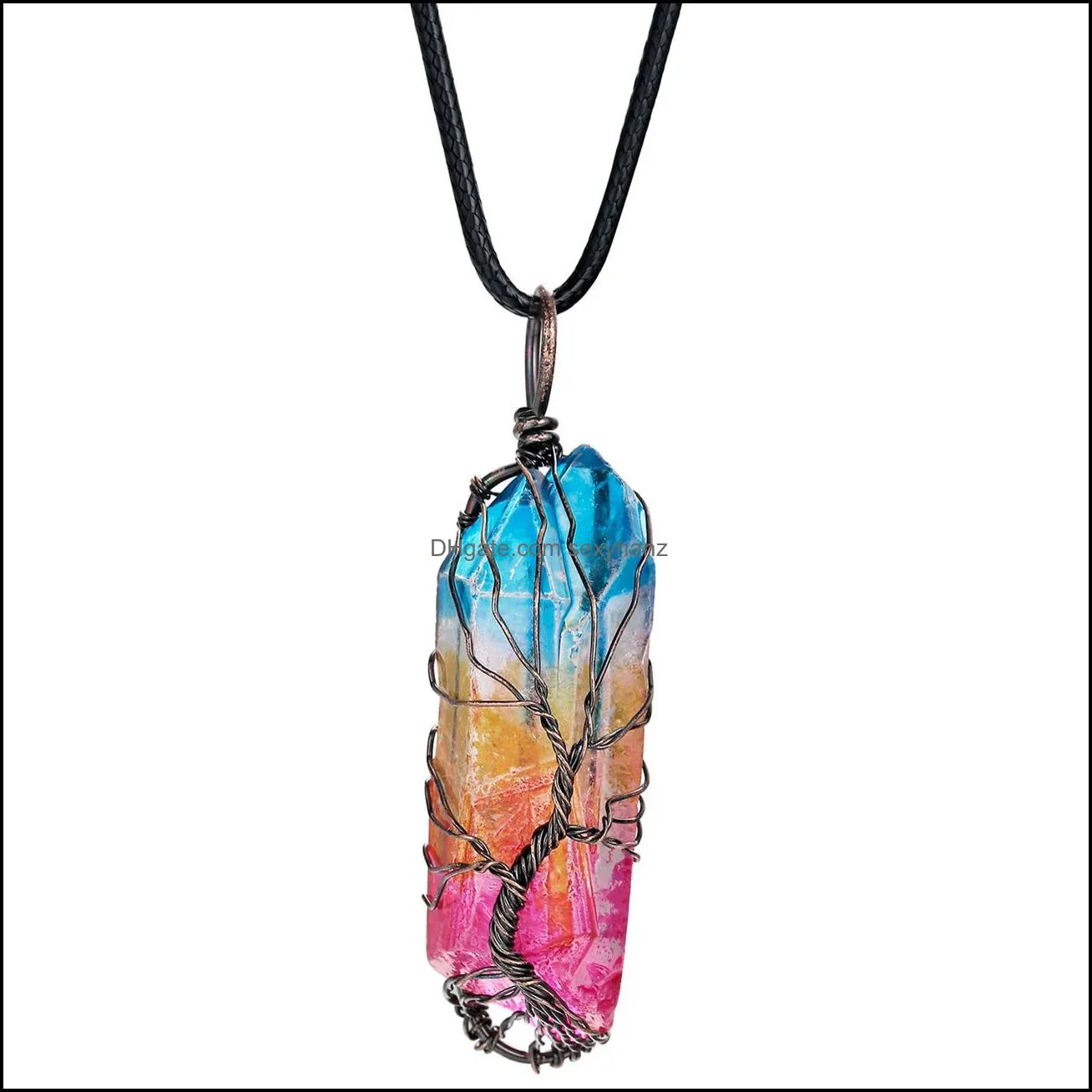 Tree of Life Titanium Coated Rainbow Rock Quartz Chakra Crystal Necklace Copper Wire Wrapped Irregular Rough Healing Pointed Gemstone Pendant Jewelry for Women
