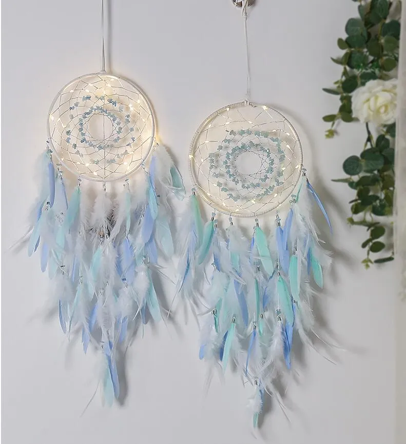 Dream Catcher with Lights Handmade Wall Hanging Decor Ornaments Craft for Girls Bedroom Car Home Colorful Feather Dreamcatchers Gift