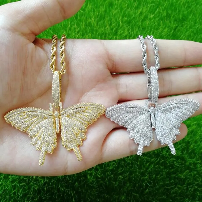 Pendant Necklaces Hip Hop Full CZ Stone Paved Iced Out Gold Color Butterfly Pendants Necklace For Men Women Bling Rapper Jewelry Drop