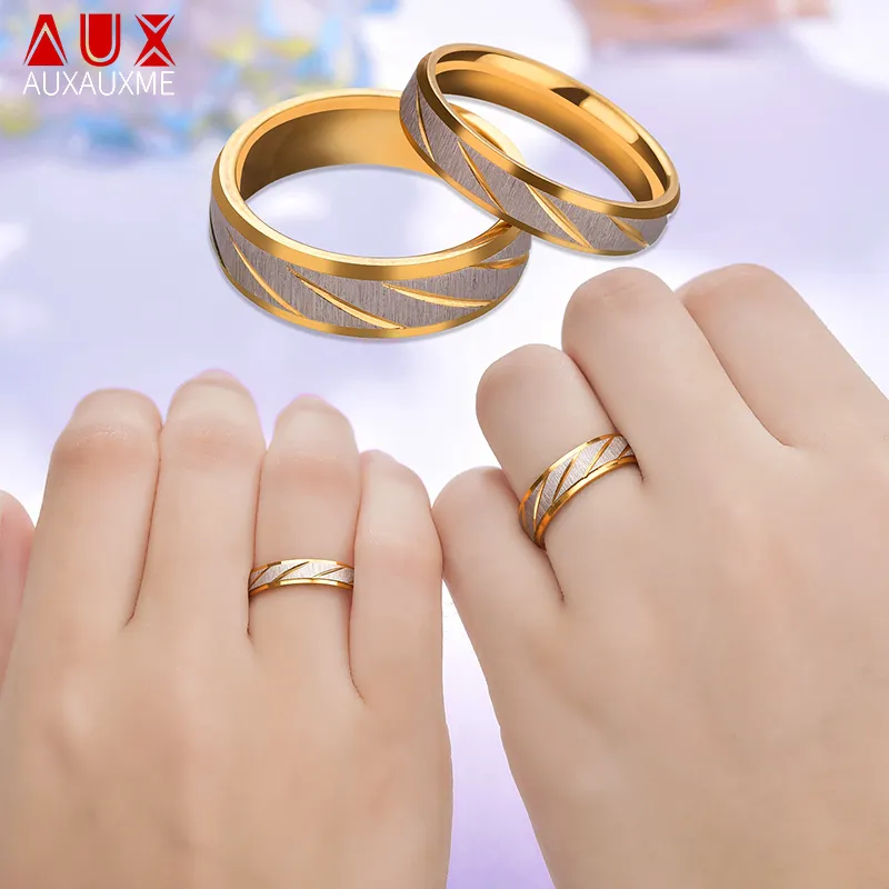 Auxauxme – bague de Couple en acier et titane avec nom gravé, motif ondulé doré, bague de promesse de mariage pour femmes et hommes