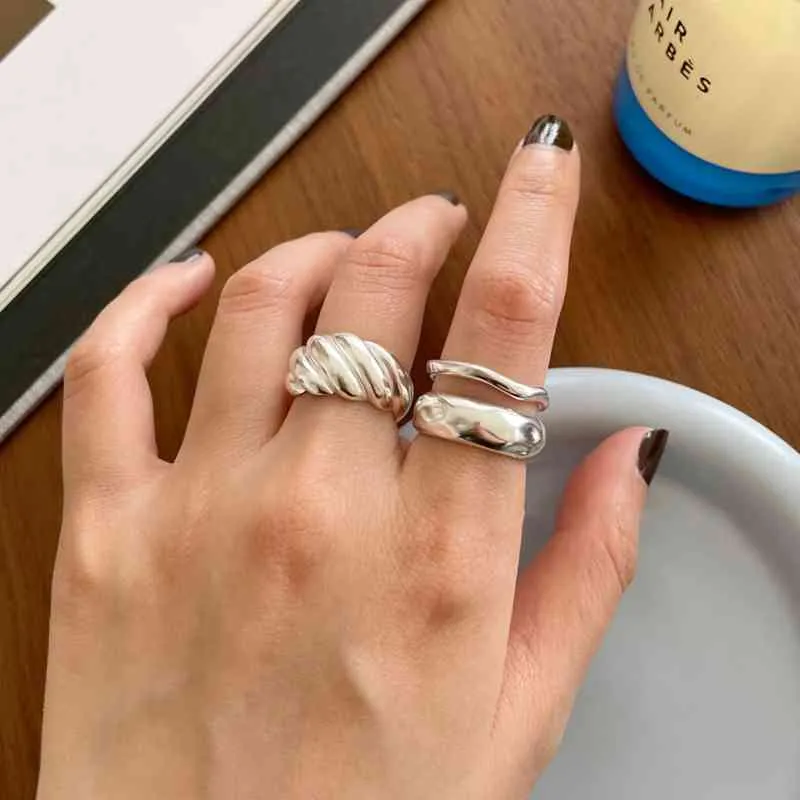Silvologia 925 Sterling Silver Dupla camada de sarja anéis para mulheres Textura côncava Simples Japão Coreia Anel na moda Designer Jóias