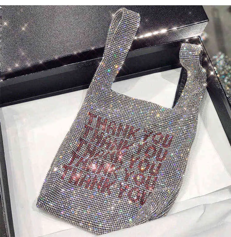 Nxy Handbag Thank You Sequins Bags Women Small Tote Crystal Bling Fashion Lady Bucket Vest Girls Glitter Purses Brand 0214