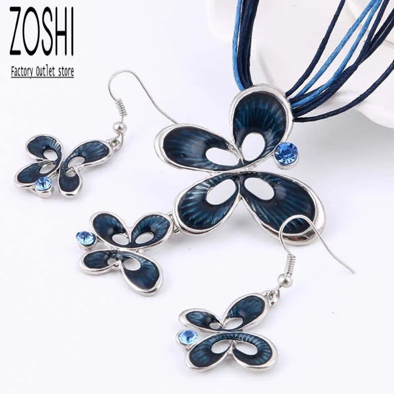 Zestawy biżuterii Luksusowe Projektant Bransoletka Lucite Blue Butterfly Dla Kobiet Vintage Emalia Kwiat Naszyjnik Rhinestone Drop Kolczyki Partyg