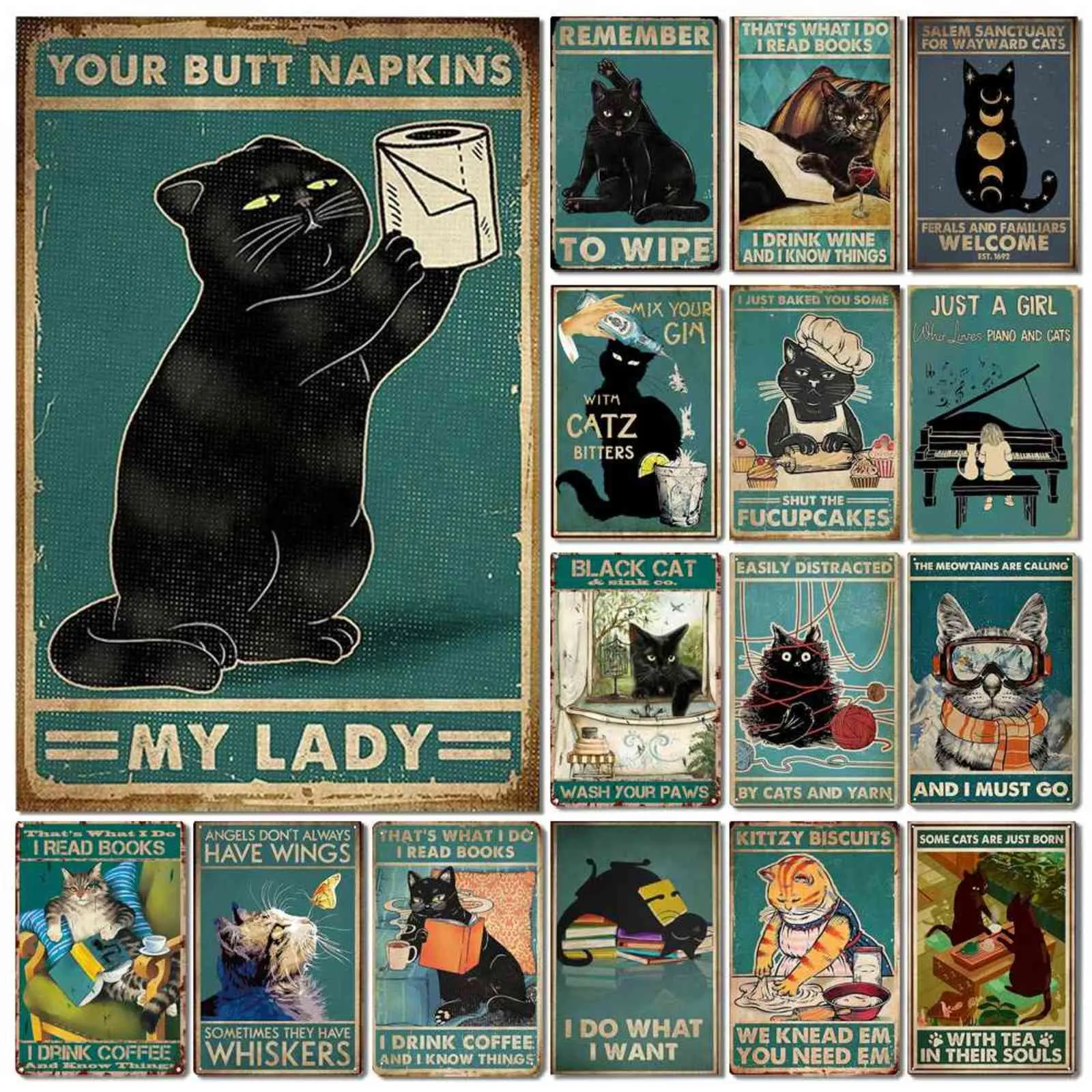 Leuke Zwart Wit Kat Retro Metalen Poster Vintage Tin Tekens Home Living Slaapkamer Toilet Trap Muur Decor Tin Plaques Iron Painting H1110