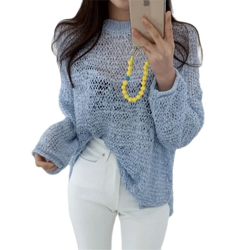 Thin Round Neck Sweater Mulheres Pullover Feminino Solto de Manga Longa Sunscreen Blusa Verão Verão Coreano Moda Roupas 210520