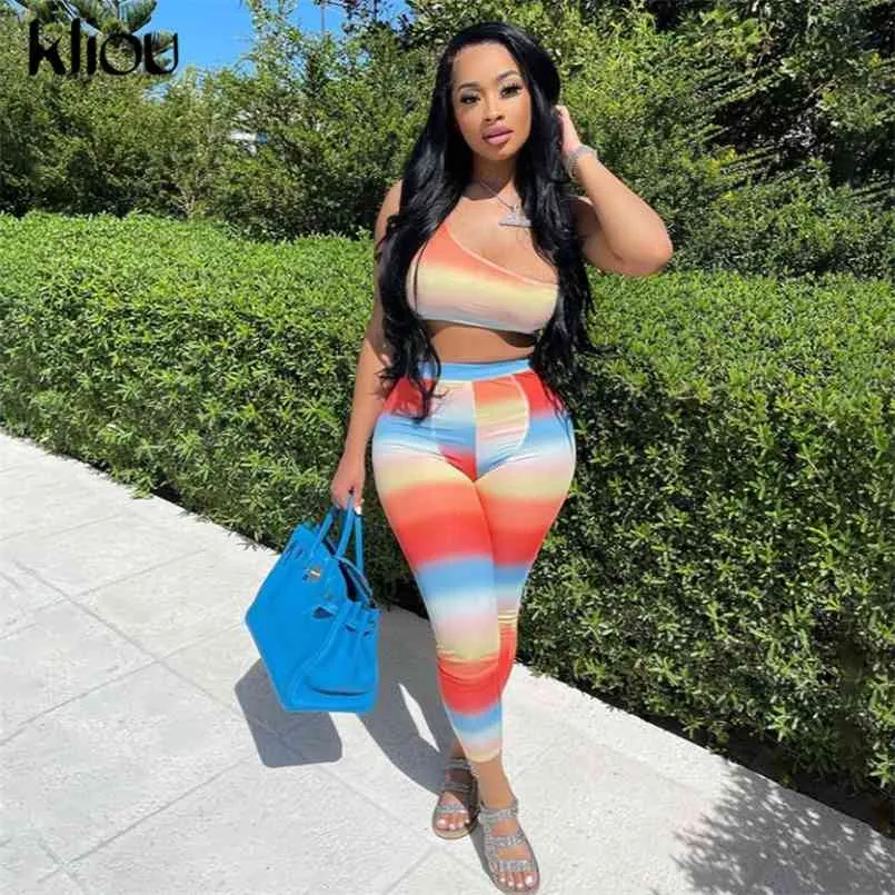 Kliou Gradient Printed Colorful Sporty Athleisure Two Piece Outfits Women Sleeveless Crop Top+Pants One Shoulder Matching Sets 210819