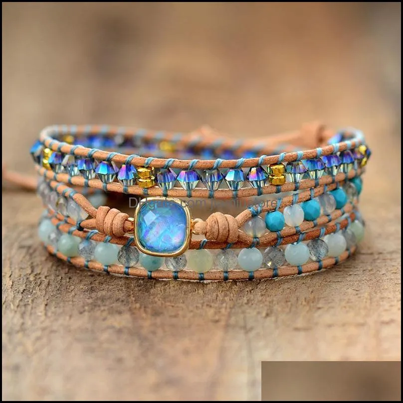 Top Quality Women Bracelets Natural Opal Stone 3 Rows Leather Wrap Bracelet Fancy Femme Boho Dropship 220215