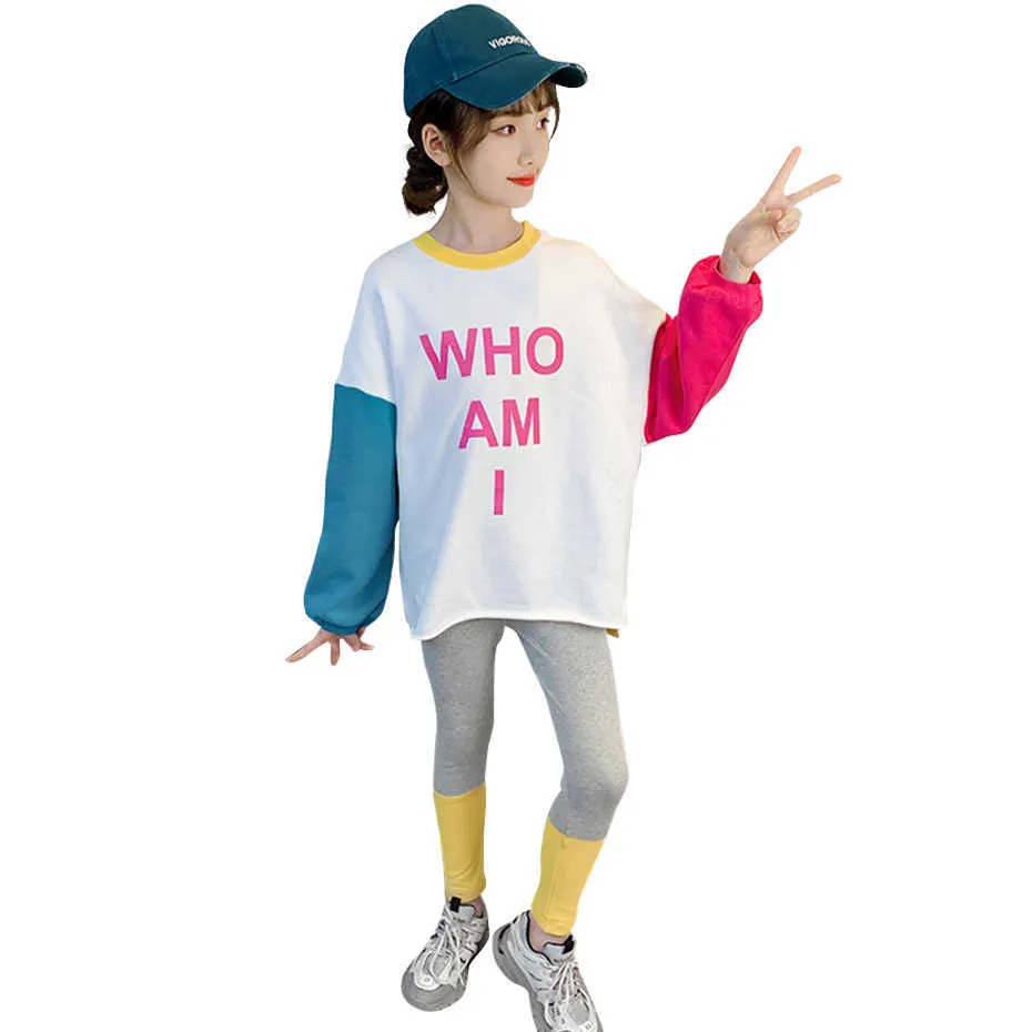 Barnkläder Flickor Sweatshirt + Legging Sport Patchwork Kläder Ställer Casual Style Children's Passits 210528