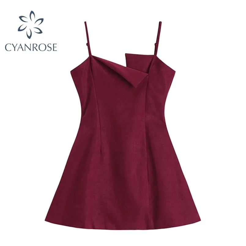 Mode Spaghetti Sangle Crop Robe Femmes RedBlack Sans Manches Coréen Élégant Une Ligne Robes Chic Casual Bureau Dames 210515