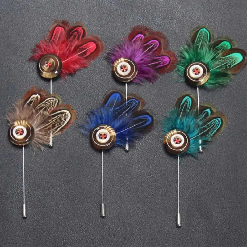 Pins, Brooches Bohemian Men Feather Brooch Stick Lapel Pin Suits Boutonniere Animal Button Jewelry 6 Color Style Wedding